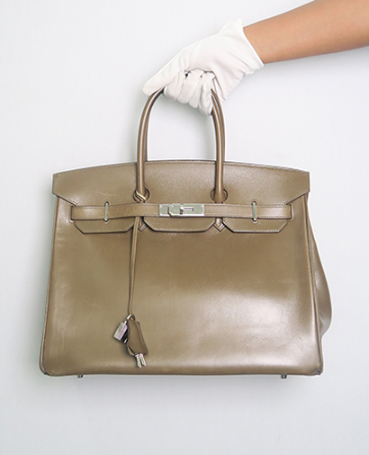Birkin 35 Box Leather in Vert Olive, front view